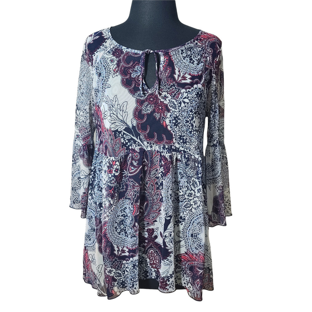 Lavender Sky top blouse sheer bell sleeve peplum sz M